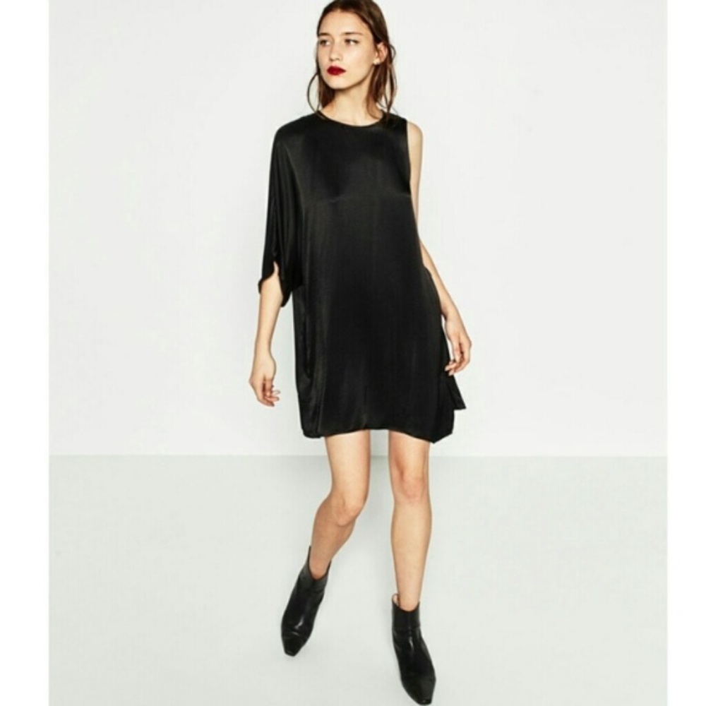 Zara Sleek Black Asymmetrical Satin Effect Dress